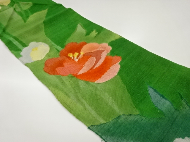 手織り紬すくい織花葉模様織出し名古屋帯